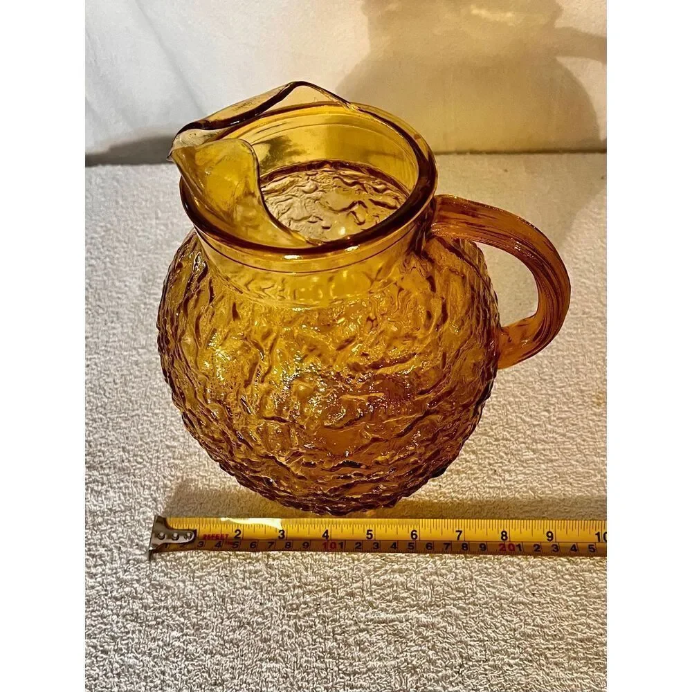 Vintage Mid Century Anchor Hocking Lido Amber Glass Gold Pitcher 9” Tall EUC